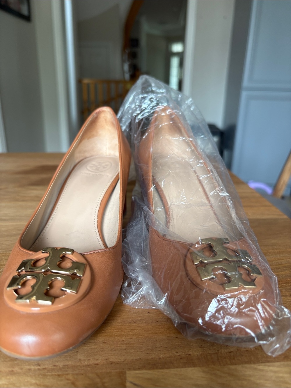Tory Burch Camel Leather Logo Ballet Flats